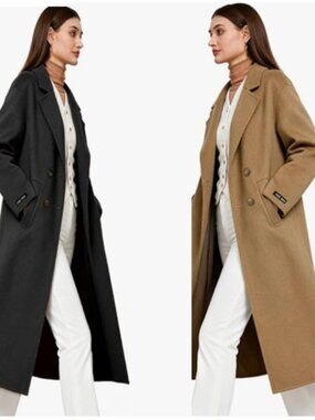 LOLA PIU Women's Fall Long Wool Pea Coat, Blended Double Breasted Black / Camel